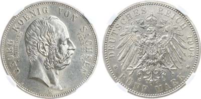 Лот №274,  Германия. Империя. Королевство Саксония. Король Георг I. 5 марок 1904 года. На смерть короля Георга. В слабе NRG UNC (оценка сохранности на слабе - MS 63).
