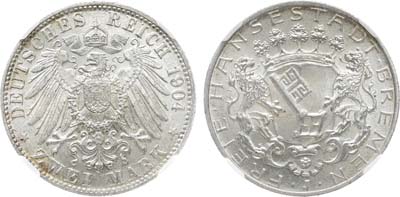 Лот №275,  Германская империя. Вольный город Бремен. 2 марки 1904 года. В слабе NRG MS 64.