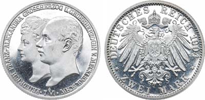 Лот №277,  Германия. Империя. Великое герцогство Мекленбург-Шеверин. Великий герцог Фридрих Франц IV. 2 марки 1904 года. В память бракосочетания Фридриха Франца IV и Александры Брауншвейг-Люнебургской.