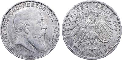 Лот №280,  Германия. Империя. Великое герцогство Баден. Великий герцог Фридрих I. 5 марок 1907 года.