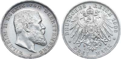 Лот №281,  Германия. Империя. Королевство Вюртемберг. Король Вильгельм II Вюртембергский. 3 марки 1908 года.