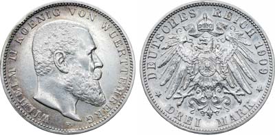 Лот №282,  Германия. Империя. Королевство Вюртемберг. Король Вильгельм II Вюртембергский. 3 марки 1909 года.