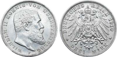 Лот №283,  Германия. Империя. Королевство Вюртемберг. Король Вильгельм II Вюртембергский. 3 марки 1910 года.