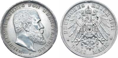 Лот №285,  Германия. Империя. Королевство Вюртемберг. Король Вильгельм II Вюртембергский. 3 марки 1911 года.
