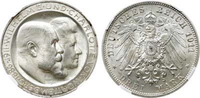 Лот №286,  Германская империя. Королевство Вюртемберг. Король Вильгельм II. 3 марки 1911 года. В память 25-летия свадьбы Вильгельма II Вюртемберского и Шарлотты Шаумбург-Липпской. В слабе NRG MS 64.