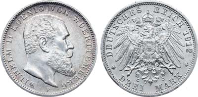 Лот №287,  Германия. Империя. Королевство Вюртемберг. Король Вильгельм II Вюртембергский. 3 марки 1912 года.