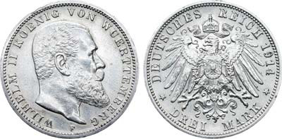 Лот №292,  Германия. Империя. Королевство Вюртемберг. Король Вильгельм II Вюртембергский. 3 марки 1914 года.