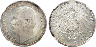 Лот №293,  Германия. Империя. Великое герцогство Баден. Великий герцог Фридрих II. 3 марки 1915 года. В слабе NRG MS 63.