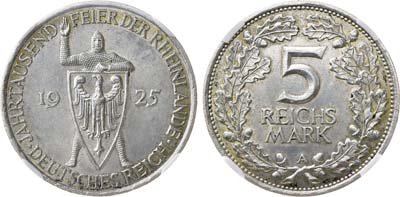 Лот №299,  Германия. Веймарская республика. 5 рейхсмарок 1925 года. В слабе NRG MS 63.