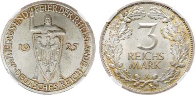 Лот №300,  Германия. Веймарская республика. 3 рейхсмарки 1925 года. Тысячелетие Рейнской области (Рейнланда). В слабе NRG MS 64.