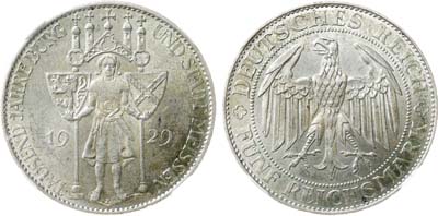 Лот №303,  Германия. Веймарская республика. 5 рейхсмарок 1929 года. В честь 1000-летия основания города Мейсена. В слабе NRG MS 62.