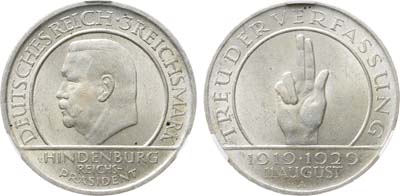 Лот №304,  Германия. Веймарская республика. 3 рейхсмарки 1929 года. 10 лет принятия Веймарской конституции. В слабе CPRC MS 62.