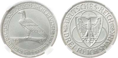 Лот №307,  Германия. Веймарская республика. 3 рейхсмарки 1930 года. В память освобождения Рейнской области (Рейнланда). В слабе NRG MS 63.