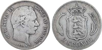 Лот №316,  Дания. Королевство. Король Кристиан IX. 2 кроны 1876 года.