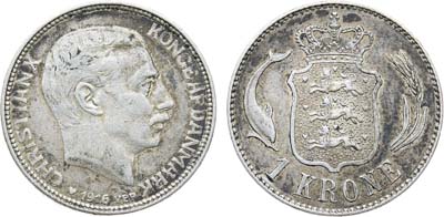 Лот №319,  Дания. Королевство. Король Кристиан X. 1 крона 1916 года.