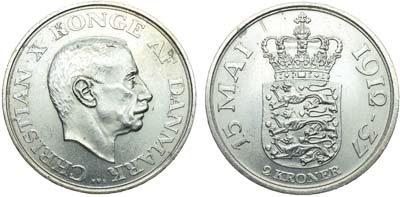 Лот №320,  Дания. Королевство. Король Кристиан Х. 2 кроны 1937 года. 25 лет правлению.