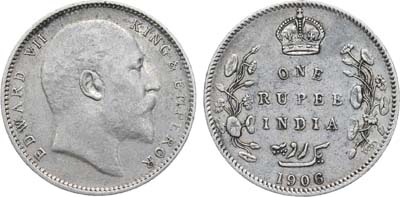 Лот №330,  Индия. Британская колония. Король Эдуард VII. 1 рупия 1906 года.