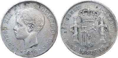Лот №339,  Испания. Королевство. Король Альфонсо XIII. 5 песет 1898 года.