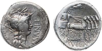 Лот №33,  Римская республика. Монетарий Корнелиус Сулла и Луций Манлий Торкват. Денарий 82 год до н.э.