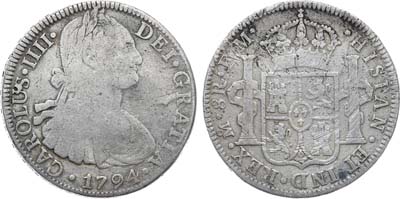 Лот №369,  Мексика. Испанская колония. Король Карл IV. 8 реалов 1794 года.