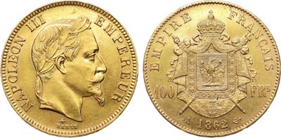 Лот №506,  Франция. Империя. Император Наполеон III. 100 франков 1862 года (А).