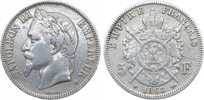 Лот №508,  Франция. Вторая империя. Император Наполеон III. 5 франков 1868 года.