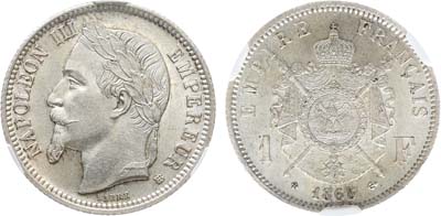 Лот №509,  Франция. Вторая империя. Император Наполеон III. 1 франк 1868 года. В слабе CPRC MS 63.