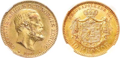 Лот №530,  Швеция. Шведско-норвежская уния. Король Оскар II. 10 крон 1901 года. В слабе NRG MS 64.