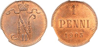Лот №1334, 1 пенни 1905 года. В слабе CPRC MS 64 RB.