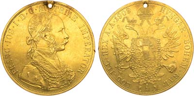Лот №161,  Австро-Венгерская империя. Император Франц Иосиф I. 4 дуката 1909 года.