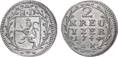 Лот №203,  Германия. Ландграфство Гессен-Дармштадт. Граф Людвиг VIII. 2 крейцера 1744 года (А.К.).