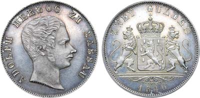 Лот №217,  Германия. Герцогство Нассау. Герцог Адольф. 2 гульдена 1846 года.