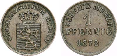 Лот №226,  Германия. Великое Герцогство Гессен-Дармштадт. Герцог Людвиг III. 1 пфенниг 1872 года.