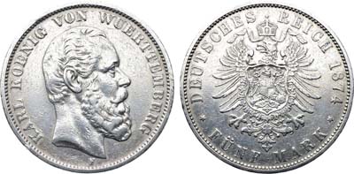 Лот №227,  Германия. Империя. Королевство Вюртемберг. Король Карл I. 5 марок 1874 года.