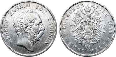 Лот №231,  Германия. Империя. Королевство Саксония. Король Альберт. 5 марок 1876 года.