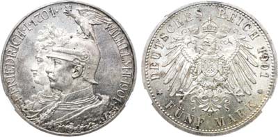 Лот №238,  Германия. Империя. Королевство Пруссия. Король Вильгельм II. 5 марок 1901 года. В память 200-летия Прусского королевства. В слабе CPRC MS 63.