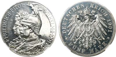 Лот №239,  Германская империя. Королевство Пруссия. Король Вильгельм II. 5 марок 1901 года. В слабе ННР UNC DET..