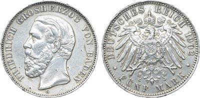 Лот №240,  Германия. Империя. Герцогство Баден. Великий герцог Фридрих I. 5 марок 1902 года.