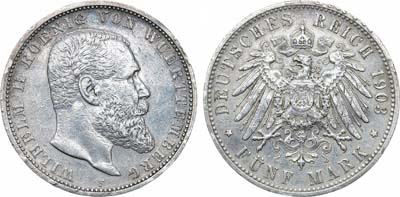 Лот №241,  Германия. Империя. Королевство Вюртемберг. Вильгельм II Вюртембергский. 5 марок 1903 года.