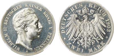 Лот №242,  Германия. Империя. Королевство Пруссия. Король Вильгельм II. 2 марки 1903 года. В слабе ННР PF 62.