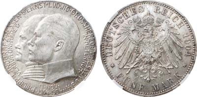 Лот №243,  Германия. Империя. Великое герцогство Гессен-Дармштадт. Великий герцог Эрнст Людвиг. 5 марок 1904 года. 400 лет со дня рождения Филиппа I Великодушного, ландграфа Гессенского. В слабе NRG MS 62.