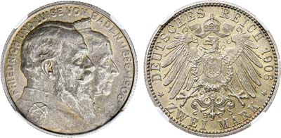 Лот №245,  Германия. Империя. Великое герцогство Баден. Великий герцог Фридрих I. 2 марки 1906 года. 50 лет свадьбы Фридриха I и Луизы Прусской. В слабе NRG MS 65.