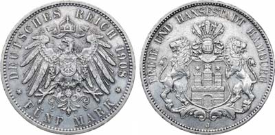 Лот №248,  Германская империя. Вольный Ганзейский город Гамбург. 5 марок 1908 года.