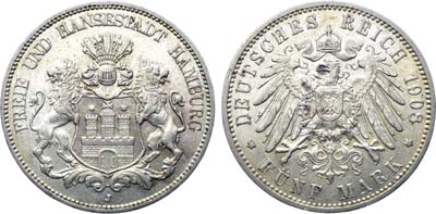 Лот №249,  Германия. Империя. Вольный Ганзейский город Гамбург. 5 марок 1908 года.