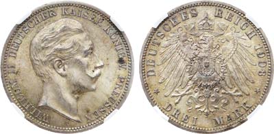 Лот №250,  Германия. Империя. Королевство Пруссия. Король Вильгельм II. 3 марки 1908 года. В слабе NRG MS 65.