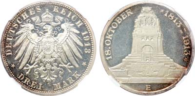 Лот №260,  Германия. Империя. Королевство Саксония. Король Фридрих Август III. 3 марки 1913 года. В память 100-летия битвы при Лейпциге. В слабе ННР PF DET.