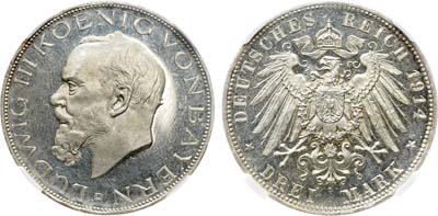 Лот №263,  Германия. Империя. Королевство Бавария. Король Людвиг III. 3 марки 1914 года. В слабе ННР PF 61.