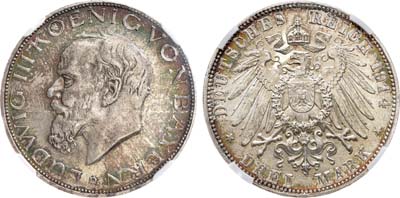 Лот №264,  Германская империя. Королевство Бавария. Король Людвиг III. 3 марки 1914 года. В слабе NRG MS 65.