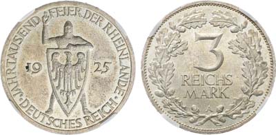 Лот №267,  Германия. Веймарская республика. 3 рейхсмарки 1925 года. В память 1000-летия Рейнской области (Рейнланда).. В слабе NRG MS 64.