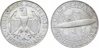 Лот №276,  Германия. Веймарская республика. 3 рейхсмарки 1929 года. В память полёта дирижабля 